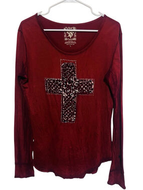Velvet Stone Studded Leopard Cross Tee Women’s Large Rust Red Long Sleeve Top